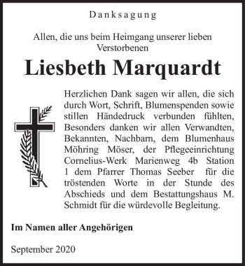 Traueranzeige von Liesbeth Marquardt  von Magdeburger Volksstimme
