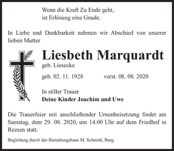 Traueranzeige von Liesbeth Marquardt (geb. Liesecke)  von Magdeburger Volksstimme