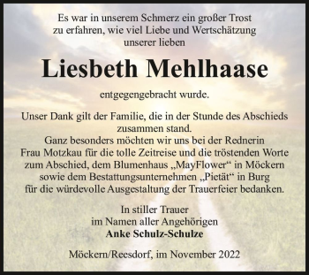 Traueranzeige von Liesbeth Mehlhaase  von Magdeburger Volksstimme