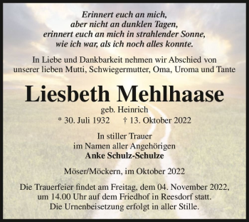 Traueranzeige von Liesbeth Mehlhaase (geb. Heinrich)  von Magdeburger Volksstimme