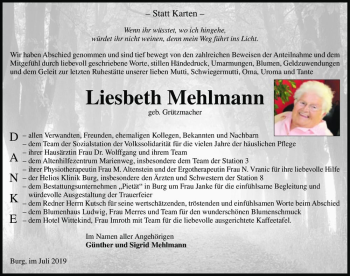 Traueranzeige von Liesbeth Mehlmann (geb. Grützmacher)  von Magdeburger Volksstimme