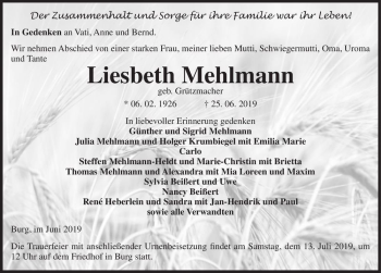 Traueranzeige von Liesbeth Mehlmann (geb. Grützmacher)  von Magdeburger Volksstimme