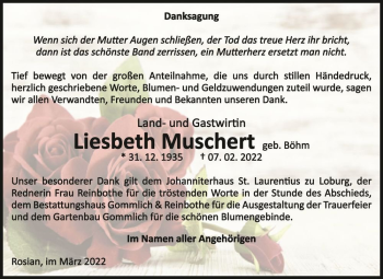 Traueranzeige von Liesbeth Muschert (geb. Böhm)  von Magdeburger Volksstimme