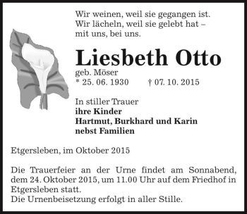 Traueranzeige von Liesbeth Otto (geb. Möser)  von Magdeburger Volksstimme