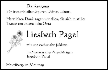 Traueranzeige von Liesbeth Pagel  von Magdeburger Volksstimme