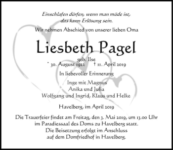 Traueranzeige von Liesbeth Pagel (geb. Ilse)  von Magdeburger Volksstimme