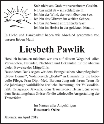 Traueranzeige von Liesbeth Pawlik  von Magdeburger Volksstimme