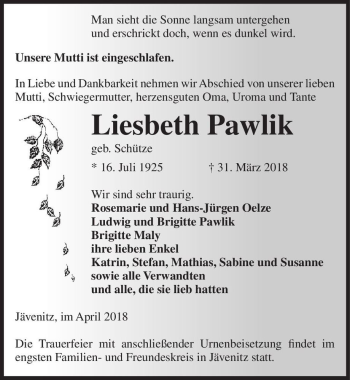 Traueranzeige von Liesbeth Pawlik (geb. Schütze)  von Magdeburger Volksstimme