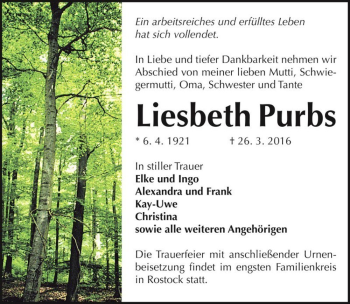 Traueranzeige von Liesbeth Purbs  von Magdeburger Volksstimme