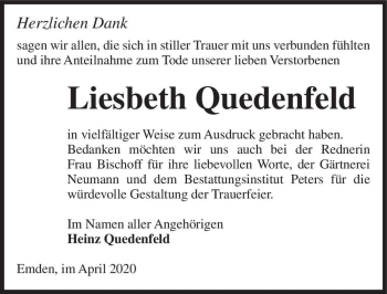 Traueranzeige von Liesbeth Quedenfeld  von Magdeburger Volksstimme