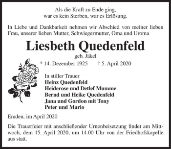Traueranzeige von Liesbeth Quedenfeld (geb. Jäkel)  von Magdeburger Volksstimme