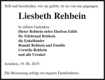 Traueranzeige von Liesbeth Rehbein  von Magdeburger Volksstimme