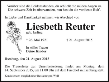 Traueranzeige von Liesbeth Reuter (geb. Jarling)  von Magdeburger Volksstimme