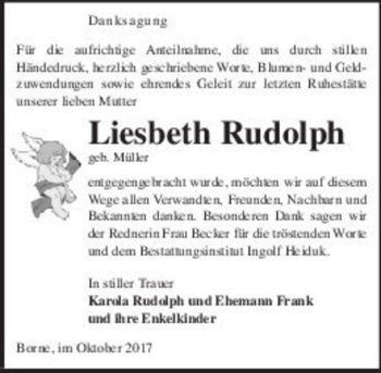 Traueranzeige von Liesbeth Rudolph (geb. Müller)  von Magdeburger Volksstimme