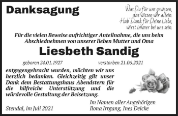 Traueranzeige von Liesbeth Sandig  von Magdeburger Volksstimme