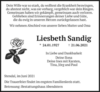 Traueranzeige von Liesbeth Sandig  von Magdeburger Volksstimme