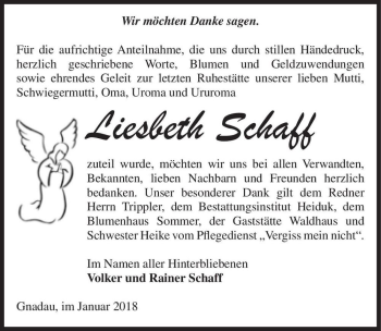 Traueranzeige von Liesbeth Schaff  von Magdeburger Volksstimme