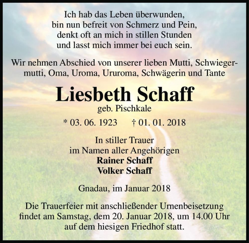  Traueranzeige für Liesbeth Schaff (geb. Pischkale)  vom 13.01.2018 aus Magdeburger Volksstimme