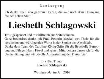 Traueranzeige von Liesbeth Schlagowski  von Magdeburger Volksstimme