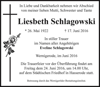 Traueranzeige von Liesbeth Schlagowski  von Magdeburger Volksstimme