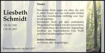 Traueranzeige von Liesbeth Schmidt  von Magdeburger Volksstimme