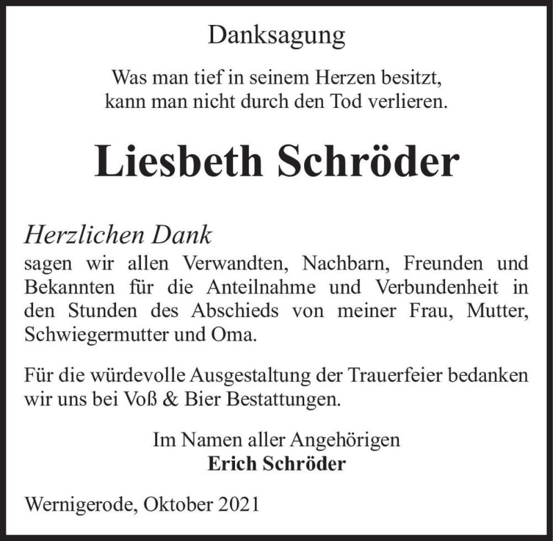  Traueranzeige für Liesbeth Schröder  vom 16.10.2021 aus Magdeburger Volksstimme