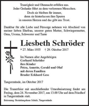 Traueranzeige von Liesbeth Schröder  von Magdeburger Volksstimme
