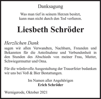 Traueranzeige von Liesbeth Schröder  von Magdeburger Volksstimme