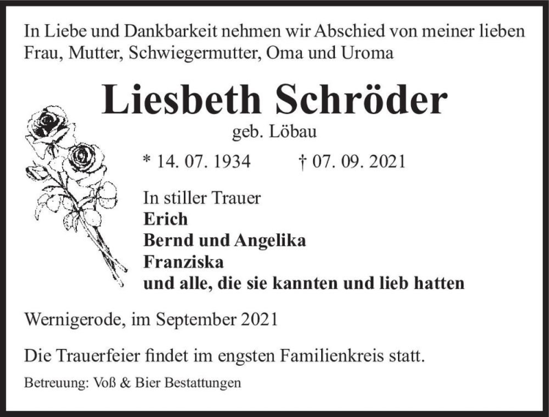  Traueranzeige für Liesbeth Schröder (geb. Löbau)  vom 18.09.2021 aus Magdeburger Volksstimme