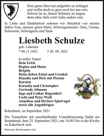 Traueranzeige von Liesbeth Schulze (geb. Labrentz)  von Magdeburger Volksstimme