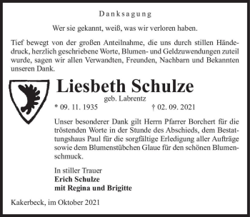 Traueranzeige von Liesbeth Schulze (geb. Labrentz)  von Magdeburger Volksstimme