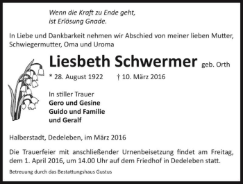 Traueranzeige von Liesbeth Schwermer (geb. Orth)  von Magdeburger Volksstimme