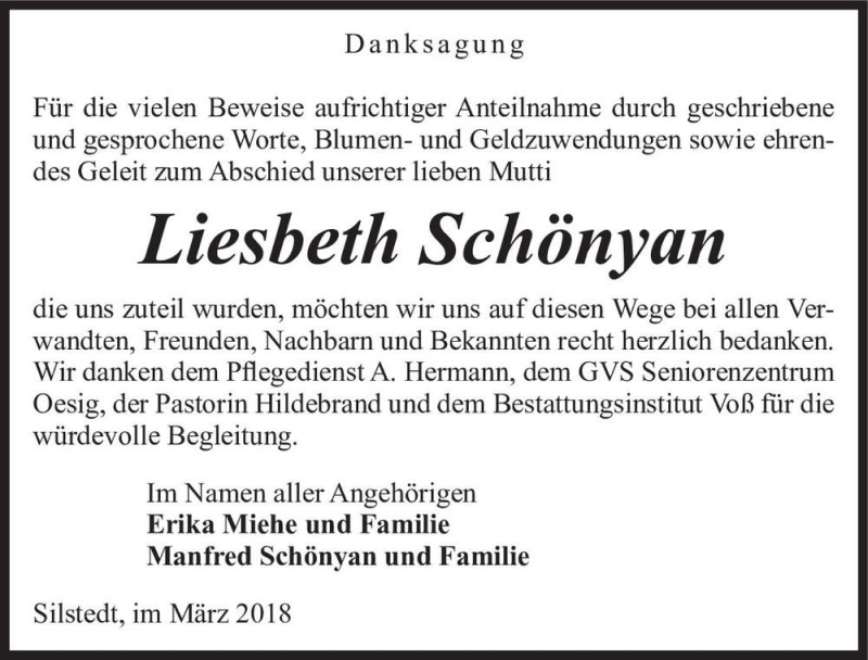  Traueranzeige für Liesbeth Schönyan  vom 28.03.2018 aus Magdeburger Volksstimme
