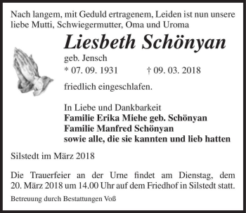 Traueranzeige von Liesbeth Schönyan (geb. Jensch)  von Magdeburger Volksstimme