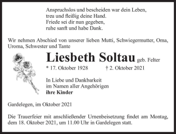 Traueranzeige von Liesbeth Soltau (geb. Felter)  von Magdeburger Volksstimme