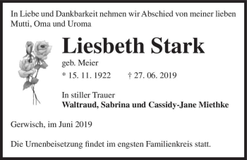Traueranzeige von Liesbeth Stark (geb. Meier)  von Magdeburger Volksstimme