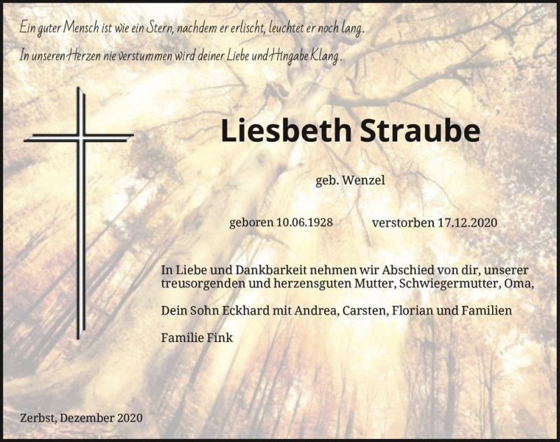  Traueranzeige für Liesbeth Straube (geb. Wenzel)  vom 24.12.2020 aus Magdeburger Volksstimme