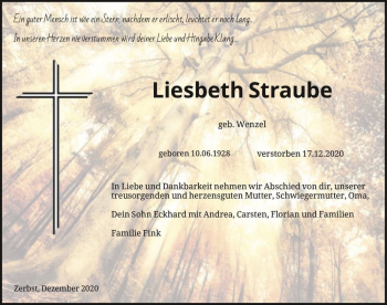 Traueranzeige von Liesbeth Straube (geb. Wenzel)  von Magdeburger Volksstimme