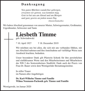 Traueranzeige von Liesbeth Timme (geb. Schwindowski)  von Magdeburger Volksstimme