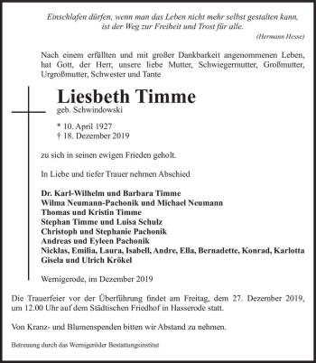 Traueranzeige von Liesbeth Timme (geb. Schwindowski)  von Magdeburger Volksstimme