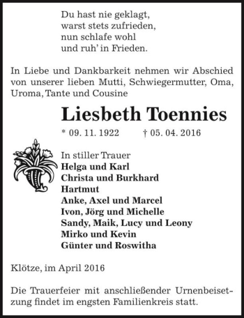 Traueranzeige von Liesbeth Toennies  von Magdeburger Volksstimme
