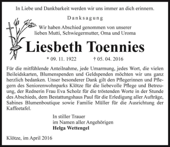 Traueranzeige von Liesbeth Toennies  von Magdeburger Volksstimme