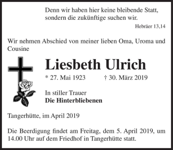 Traueranzeige von Liesbeth Ulrich  von Magdeburger Volksstimme