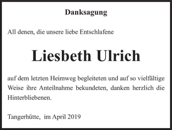 Traueranzeige von Liesbeth Ulrich  von Magdeburger Volksstimme