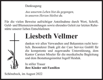 Traueranzeige von Liesbeth Vellmer  von Magdeburger Volksstimme