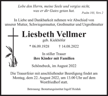 Traueranzeige von Liesbeth Vellmer (geb. Kiekhöfer)  von Magdeburger Volksstimme