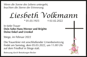 Traueranzeige von Liesbeth Volkmann  von Magdeburger Volksstimme