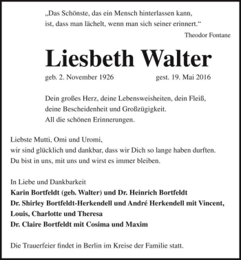 Traueranzeige von Liesbeth Walter  von Magdeburger Volksstimme