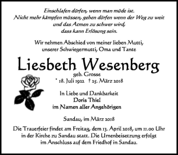 Traueranzeige von Liesbeth Wesenberg (geb. Grosse)  von Magdeburger Volksstimme
