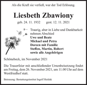 Traueranzeige von Liesbeth Zbawiony  von Magdeburger Volksstimme